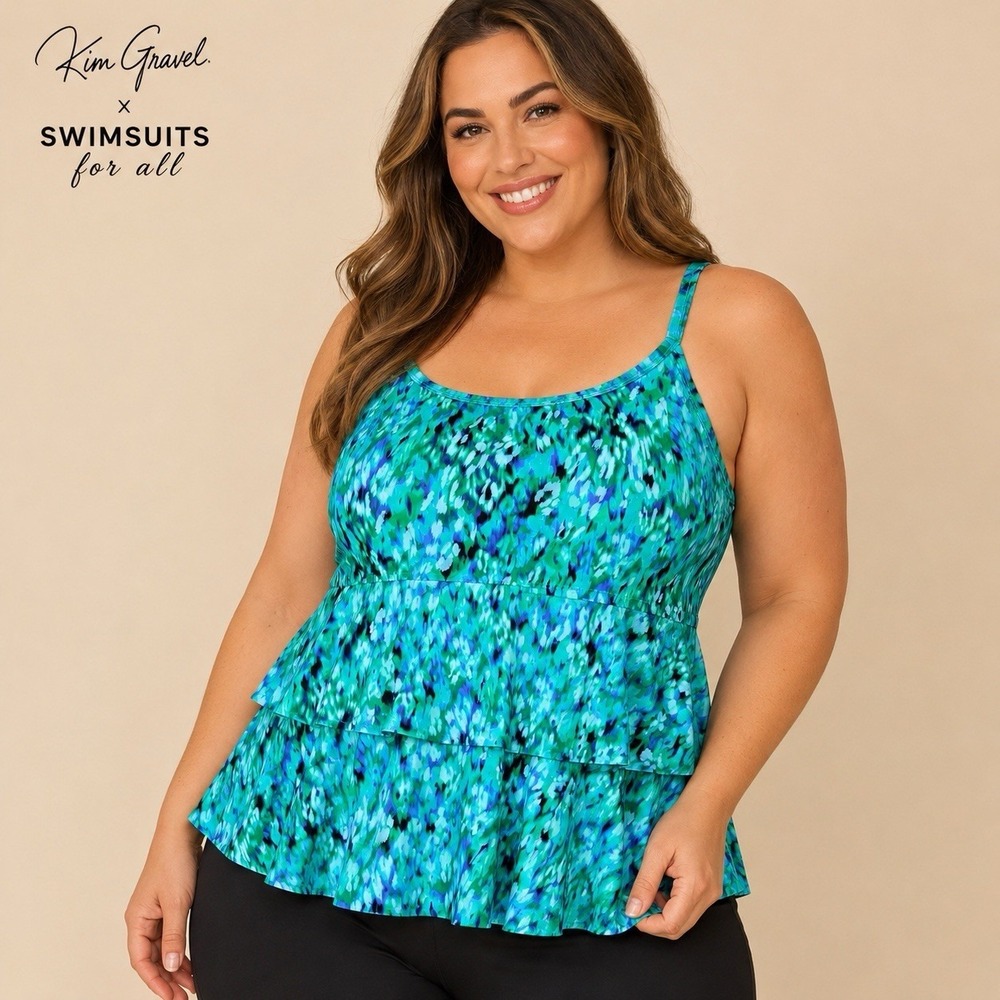 Swimsuits For All Tiered Tankini Swim Top Plus 26W Blue Green Ruffle Adjustable